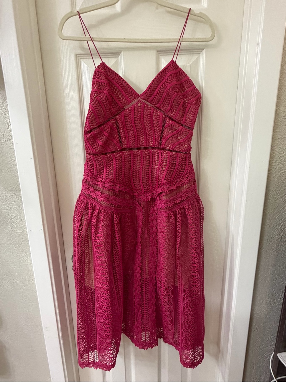 Self-Portrait Fuchsia Lace Midi Dress with Spaghetti Straps Size US 6